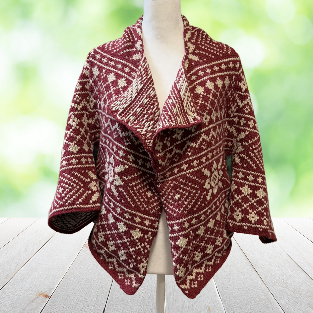 CABI Cocoon Cardigan Sweater Wool Blend Fair Isle Chunky Knit Boho Red Size M